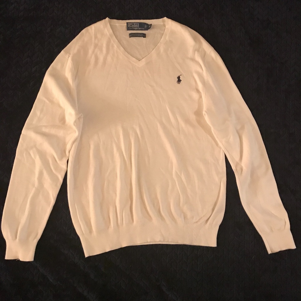Polo by Ralph Lauren White V Neck Sweater, Size Medium